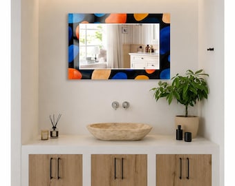 Orange Blue Polka Dot Wall Mirror, Rectangular Decorative Mirror, Tempered Glass Printed Border, Vertical Bathroom Mirror, Modern Home Decor