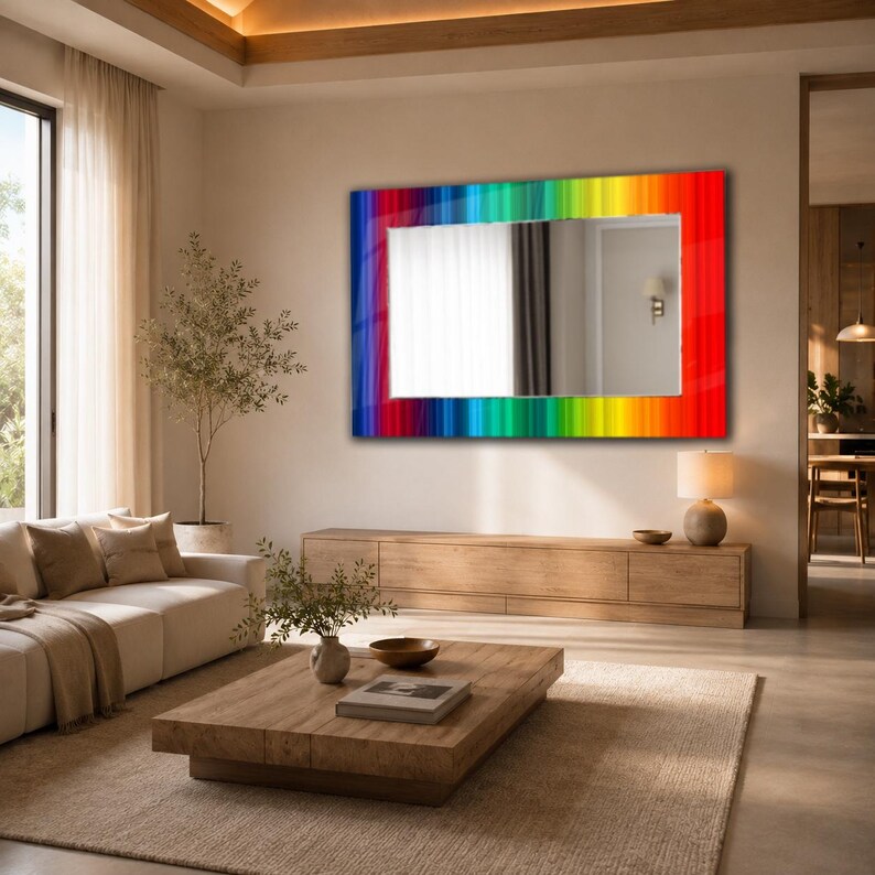 May include: A rectangular wall mirror featuring a vibrant, multi-colored frame with vertical stripes in shades of blue, green, yellow, orange, and red. The reflective glass center is clear, providing a crisp view of the surrounding interior space.