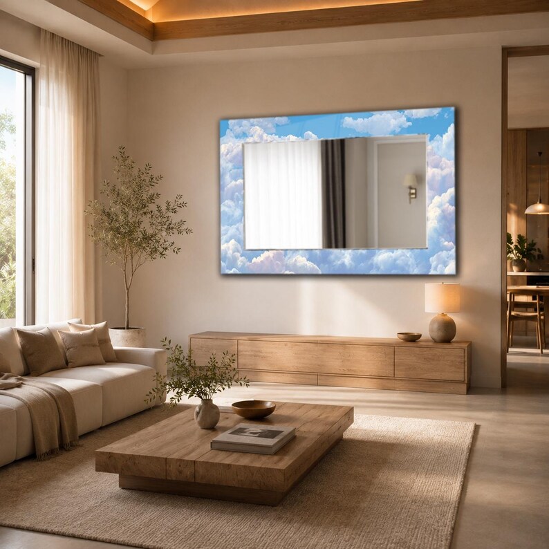 May include: A rectangular wall mirror featuring a decorative border printed with a blue sky and white clouds pattern. The central reflective glass surface provides a clear view of the room, reflecting a wall with a lamp and curtains.