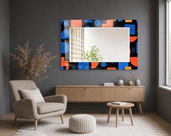 Blue Orange Geometric Wall Mirror, Rectangular Decorative Mirror, Tempered Glass Printed Border, Horizontal Vanity Mirror, Modern Home Decor