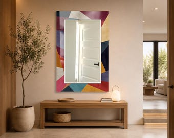 Color Block Wall Mirror, Rectangular Decorative Mirror, Tempered Glass Printed Border, Bathroom Vanity Mirror, Stylish Geometric House Decor