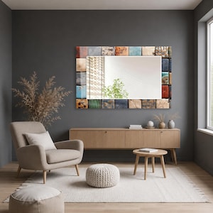 May include: A rectangular wall mirror featuring a decorative frame composed of numerous small, square tiles in a variety of colors and textures, including shades of blue, red, green, orange, and neutral earth tones, surrounding a clear glass center.