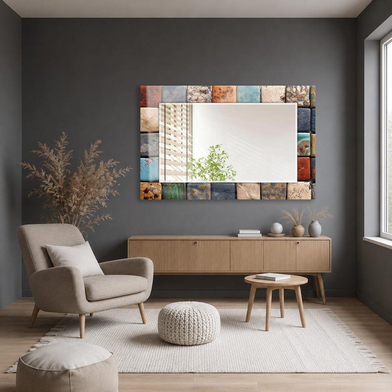 May include: A rectangular wall mirror featuring a decorative frame composed of numerous small, square tiles in a variety of colors and textures, including shades of blue, red, green, orange, and neutral earth tones, surrounding a clear glass center.