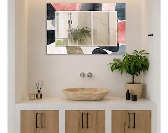 Pink Black Organic Wall Mirror, Rectangular Decorative Mirror, Tempered Glass Printed Border, Horizontal Bathroom Mirror, Modern House Decor