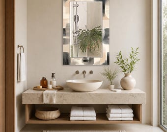 Neutral Abstract Wall Mirror, Rectangular Decorative Mirror, Tempered Glass Printed Border, Vertical Bathroom Mirror, Modern Minimalist Home