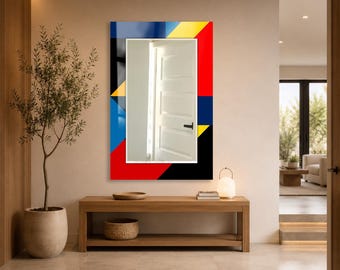 Color Block Wall Mirror, Rectangular Decorative Mirror, Tempered Glass Printed Border, Horizontal Living Room Mirror, Bold Modern Home Decor