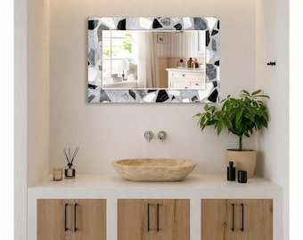 Black White Terrazzo Wall Mirror, Rectangular Decorative Mirror, Tempered Glass Printed Border, Horizontal Living Room Mirror, Modern Decor