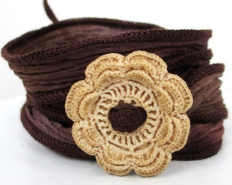 Botanical Silk Wrap Bracelet: Carved Flower on Dark Brown