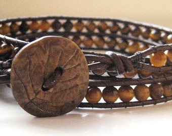 Tiger Eye Leather Wrap Bracelet - Triple