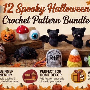 May include: A collection of 12 crocheted Halloween figures including a ghost, pumpkin, mushroom, eyeball, bat, black cat, witch hat, owl, spider, tombstone with RIP text, candy corn, and Frankenstein monster, displayed with yarn and autumn leaves.