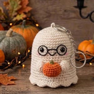 May include: A white crocheted ghost keychain featuring black embroidered round glasses, pink stitched cheeks, and a small orange crocheted pumpkin held in its hands, attached to a silver metal keyring and chain.