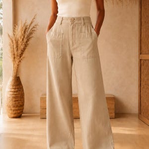 Women’s  Linen Wide Leg Pants, High Waist Double Button Trousers, Boho Summer Palazzo Pants with Pockets