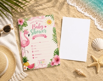 Invitación para baby shower de flamencos rosas / Invitación de verano tropical (plantilla de Canva) Paquete de juegos para baby shower de flamencos / Juegos imprimibles