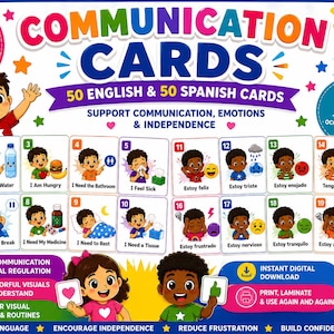 Puede incluir: Un conjunto de 100 tarjetas de comunicación con 50 tarjetas en inglés y 50 en español, con ilustraciones coloridas de niños expresando necesidades y emociones. Las tarjetas incluyen etiquetas de texto como I Need Help y Estoy feliz.