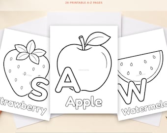 Printable Fruit and Vegetable Alphabet Coloring Book, 26-Page Preschool ABC PDF Digital Download