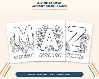 Botanical Alphabet Coloring Pages, A–Z Flower and Plant Printable PDF for Kids