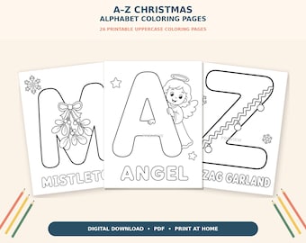 Christmas Alphabet Coloring Pages A-Z, Printable Preschool Worksheets, Holiday ABC Coloring Book for Kids