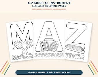Musical Instrument Alphabet Coloring Pages: A–Z Printable Preschool Music Activity PDF