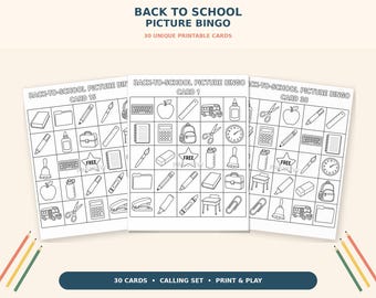 Back to School Picture Bingo: 30 Printable Classroom Cards with Calling Set