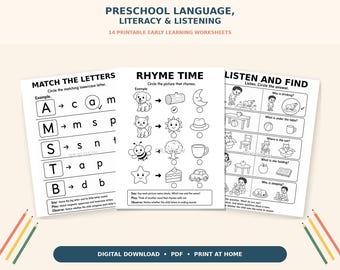 Preschool Language and Literacy Worksheets: 14 Printable Pre-K Rhyming, Letters and Listening Activities