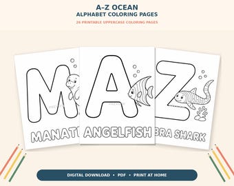 Ocean Alphabet Coloring Pages, 26 A–Z Sea Life Printables, Preschool Letter Learning PDF