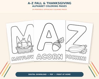 Fall Thanksgiving Alphabet Coloring Pages A-Z (Digital Download)