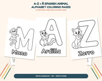 Spanish Alphabet Coloring Pages, 27 Animal ABC Printables for Preschool & Homeschool, Digital Download
