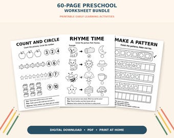 Preschool Worksheets Bundle, 60 Printable Pre-K Activities, Kindergarten Readiness Homeschool PDF