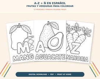 Spanish Alphabet Coloring Book, Fruit and Vegetable ABC Printable PDF