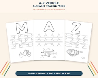 Vehicle Alphabet Tracing Worksheets, A–Z Uppercase Letter Practice, Preschool Printable PDF