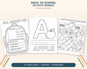 Back to School Activity Bundle: 75 Printable Kindergarten Worksheets, Alphabet Tracing and Picture Bingo