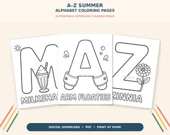 Summer Alphabet Coloring Pages A–Z, 26 Printable Preschool Worksheets, Digital PDF