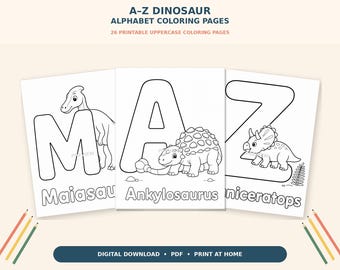 Dinosaur Alphabet Coloring Pages A–Z: 26 Printable ABC Worksheets, Preschool Digital Download PDF