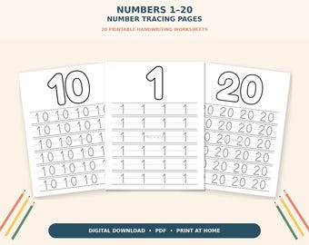 Number Tracing Worksheets 1-20, Preschool Number Practice, Kindergarten Printable, Homeschool Activity, Digital Download PDF