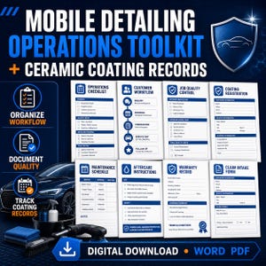 Op de afbeelding: Een digitale toolkit voor mobiele detailing-operaties en keramische coating-records, met acht witte documentsjablonen met blauwe tekst en iconen, waaronder checklists, workflows, onderhoudsschema's en formulieren voor schadeclaims.