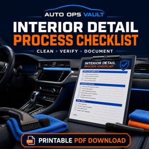 May include: A clipboard featuring an Interior Detail Process Checklist with sections for prep, cleaning, and final steps. The document includes checkboxes and text. A vacuum attachment, blue and orange cloths, and a brush are placed nearby.