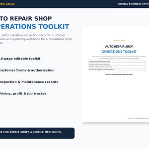 May include: An Auto Repair Shop Operations Toolkit digital business system document. The text includes Auto Repair Shop Operations Toolkit, 16-page editable toolkit, customer forms, inspection and maintenance records, and a pricing, profit and job tracker.
