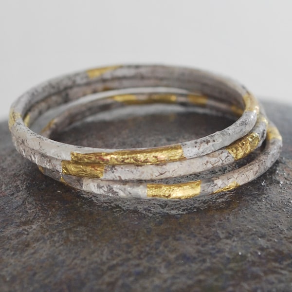Stacking Rings // Silver & Gold Textured Rings // Keum Boo Rings // Contemporary Silver Gold Design
