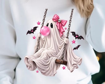 Pink Ghost on Swing PNG, Bubblegum Halloween Sublimation Design (Digital Download)