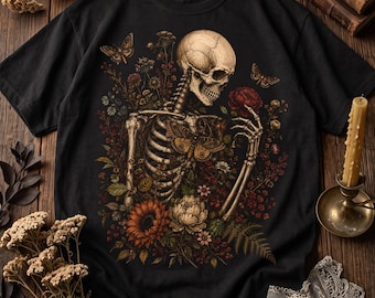Gothic Floral Skeleton PNG, Comfort Colors Tee, Dark Cottagecore Botanical Art (Digital Download)