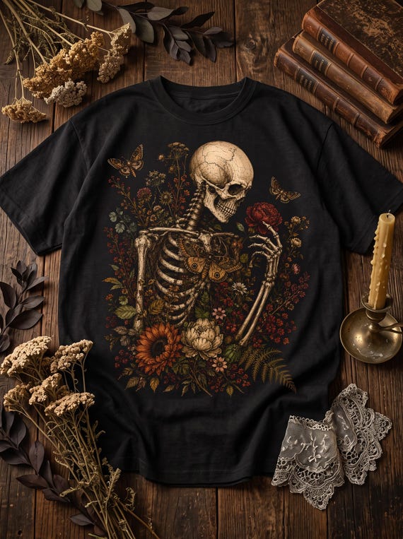 Gothic Floral Skeleton PNG, Comfort Colors Tee, Dark Cottagecore Botanical Art (Digital Download)