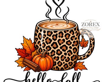 Leopard Fall Coffee Mug PNG, Hello Fall Sublimation Design, Autumn Digital Download