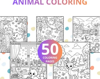 Animal Coloring Pages for Kids, 50 Printable PDF Activity Book (Digital Download)