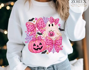 Pink Coquette Halloween Ghost PNG, Bow Pumpkin, Bats, Stars (Digital Download)