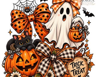Halloween Ghost PNG, Pumpkin Cat, Gingham Bow, Spooky Fall Digital Download