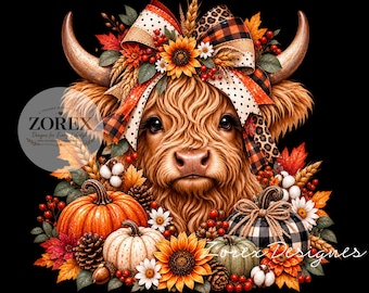 Fall Highland Cow PNG, Autumn Cow Shirt Design, Pumpkin Digital Download
