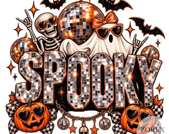 Spooky Disco Halloween PNG, Retro Skeleton Ghost Disco Ball Design