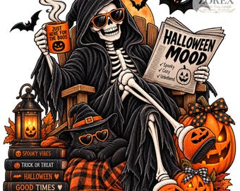 Halloween Mood PNG, Funny Grim Reaper Skeleton Design, Spooky Halloween Digital Download