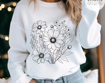 Retro Outline Wildflower Bouquet PNG, Vintage Floral Shirt Design, Boho Botanical Digital Download