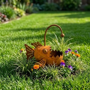 May include: A rust-colored metal anglerfish garden sculpture featuring a large open mouth with jagged teeth, a prominent circular eye, a long dorsal lure, and a fan-shaped tail fin, positioned among green grass and small colorful flowers.